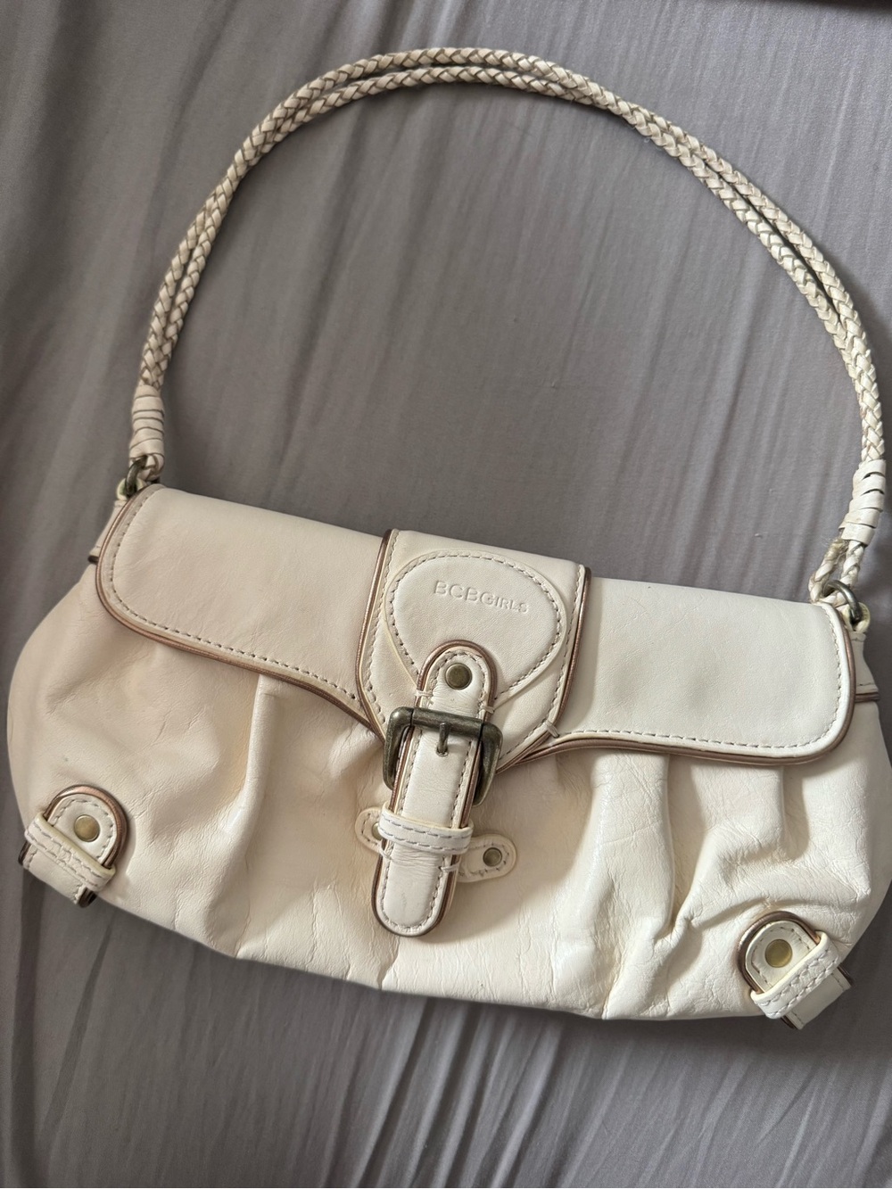BCBGirls Y2K Cream Shoulder Bag Braided Handle Buckle Baguette Purse White